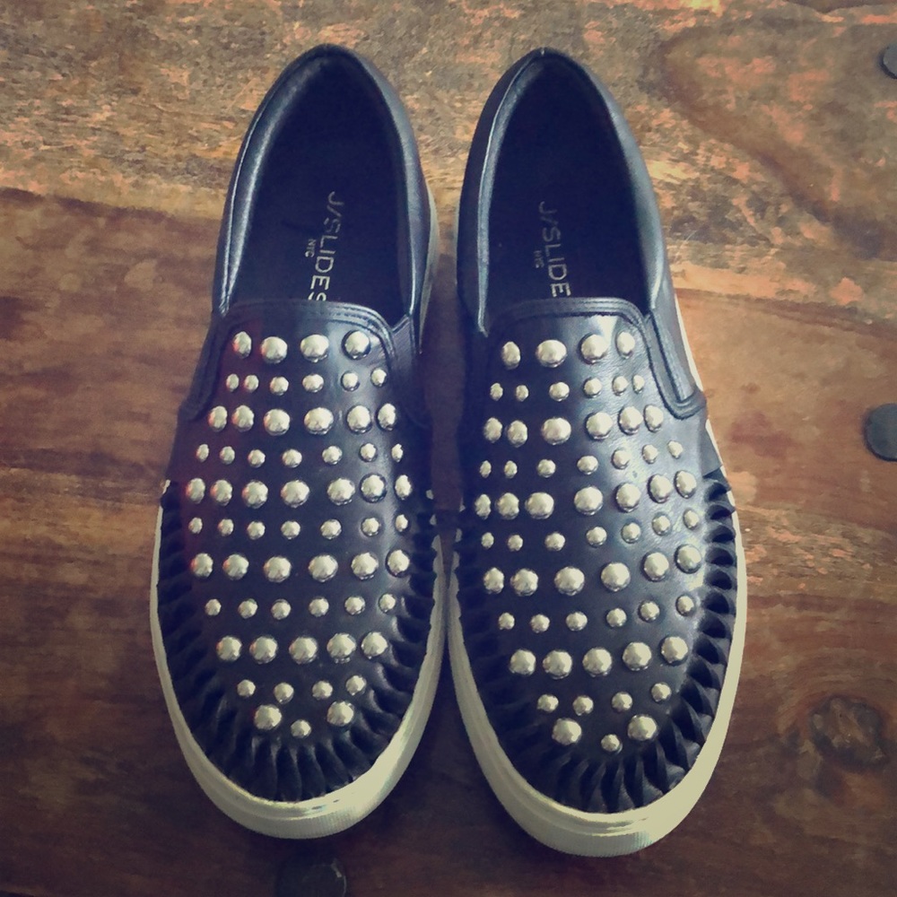 J Slides Black Studded 100% leather Shoes -8.5